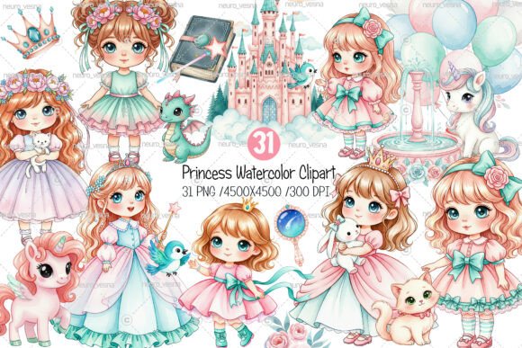 Enchanting Princess Watercolor Clipart: Build Your Fairy Tale
