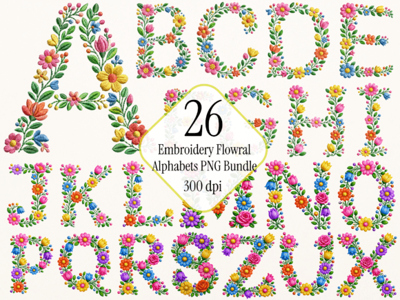 Floral Embroidery Alphabet PNG Bundle for Designers