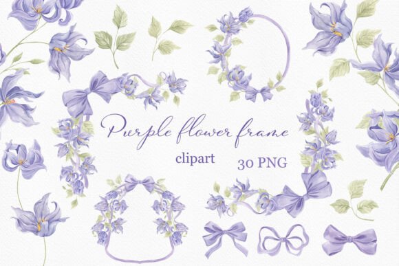 Watercolor Purple Flower Ribbon Frames for Elegant Designs